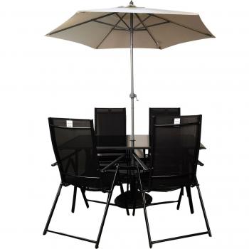 Rectangular Glass Top Patio Dining Set with Black Parasol and Base