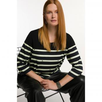 Maglia Donna Taglie Forti a Righe Breton con Cristalli, Nero, Maniche 3/4, Scollo Girocollo, Viscosa