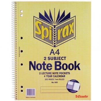 Spirax 605 A4 Spiral 2 Subject Book, Notebook, Notepad Side Opening 250 Pages - 5 Pack