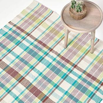 Wilson Handwoven Blue, Yellow and Brown Tartan 100% Cotton Rug, 70 x 120 cm - Multi Colour