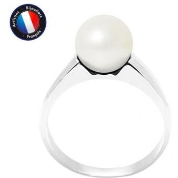 Bague Véritable de Perle d'Eau Douce 8-9 mm - Blanc Naturel - Or Blanc - Bijou Femme
