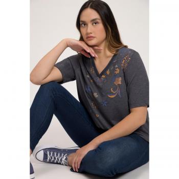 T-shirt Donna Taglie Forti con Stampa Floreale e Bordo all'Uncinetto, Scollo a V, Blu, Taglia 60/62, Cotone/Poliestere