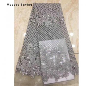Grey Square African Sequined Lace Fabric for Evening Dress