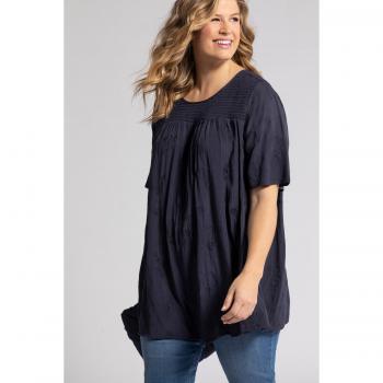 Blusa svasata con ricami e spalle a punto smock, Blu, Taglia 56/58, Viscosa