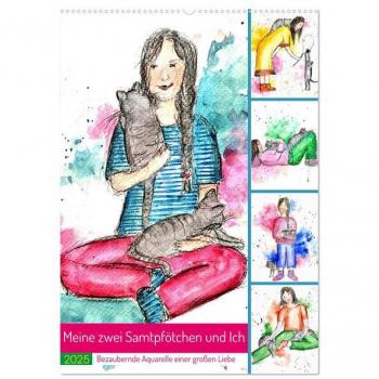 Meine zwei Samtpfötchen und Ich - Bezaubernde Aquarelle einer große Liebe (Wandkalender 2025 DIN A2 hoch) CALVENDO Monatskalender