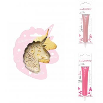 Set de Galletas con Diseño de Unicornio + 2 Bolígrafos de Chocolate Rosa Pastel y Fucsia