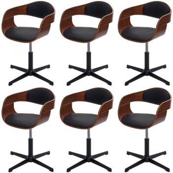Six chaises de salle à manger HHG 496 – réglage haute, pivot, bois mvg courbé, finition noyer & similicuir noir