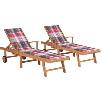 Lettini Prendisole 2 pz con Cuscino Rosso a Quadretti in Teak cod mxl 72769