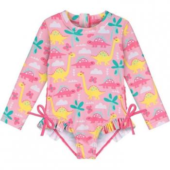 Traje de baño UPF50+ rosa con dinosaurios y volantes para niñas de 0 a 4 años