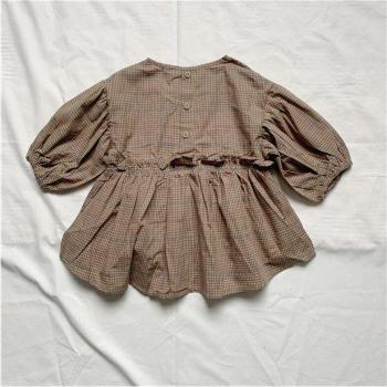 Koreanische Langarmbluse für Mädchen, Prinzessin, Herbst, karierte gefaltete Hemden
