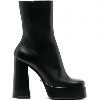 Versace Women's Black Calf Leather Heeled Booties, Size 8.5 US