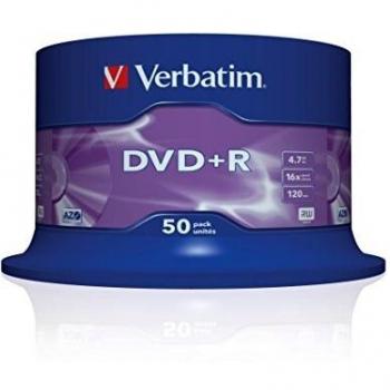 Verbatim DVD+R 4.7GB 16X, 50 Unidades, Superficie Mate Plateada