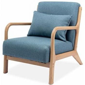 Fauteuil design en bois et tissu. 2 places avec accoudoirs. Pieds compas scandinaves. Structure en bois solide. Marron clair