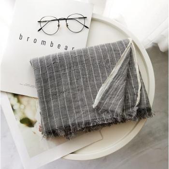 Bufanda Unisex de Algodón y Lino Estilo Japonés a Rayas, Mantón Largo Arrugado para Invierno