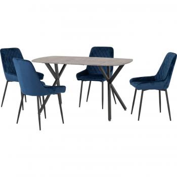 Athens Rectangular Dining Table with 4 Avery Chairs, Concrete Effect Sapphire Blue