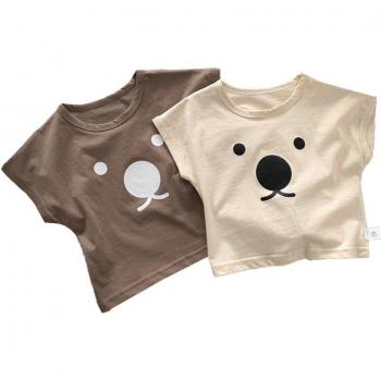 Ensemble été bébé, 2 pièces, T-shirt col rond beige et marron, motifs dessins animés, style coréen