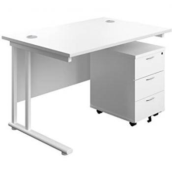 Small White Rectangular Work Desk with 3 Drawer Pedestal, Dimensions: 120 cm x 80 cm, Color: White and White, Features: Heavy Duty Cantilever Design, Mobile Pedestal