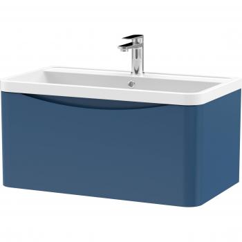 Lunar Satin Blue 800mm Single Drawer Wall Hung Vanity Unit and Polymarble Basin with 1 Tap Hole - LUN306