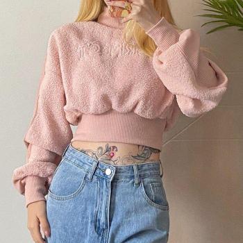 Slim Fit Long-Sleeve High-Neck Lamb Wool Waist Sweater Jacket for Women in Pink, Autumn and Winter