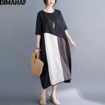 DIMANAF Damen Kleid Plus Size Sommer Baumwolle Leinen Schwarz Patchwork