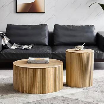 Natural Finish Japandi Round Coffee Table Set of 2 with Hidden Storage