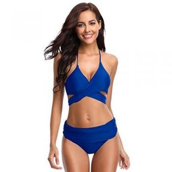 SHEKINI Bikini Rembourré Maillot de Bain Push Up Halter Maillot 2 pièces Femme Bandage Réglable avec Triangle Plissé Ruched Mid Waisted Bas de Bikini Maillots de Bain Plage (L, Rouge)