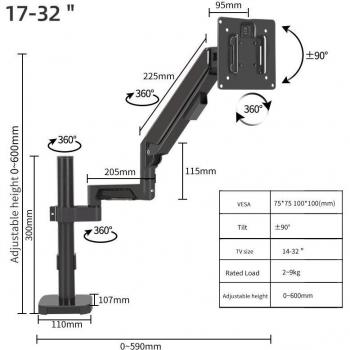Vollbeweglicher Bildschirmhalter mit Gasfeder (14–32 Zoll), 9 kg, H3