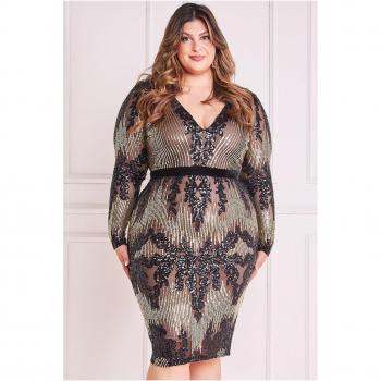 Goddiva Plus Long Sleeve Sequin Party Midi - Black