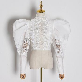 Blusa Abombada Manga Larga Camisa Patchwork Blanco