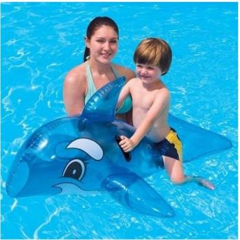 Gonflable baleine enfantine – couleur bleue transparente, dimensions 118 × 72 cm, poignées incluses