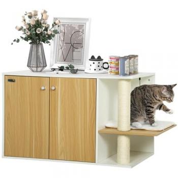 Arenero Multifuncional Roble y Blanco – Mueble de Juego para Gatos