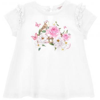 T-shirt bianca neonata Monnalisa in cotone con maxi rose