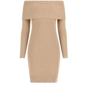 Abito corto Guess donna beige in maglia scollo bardot