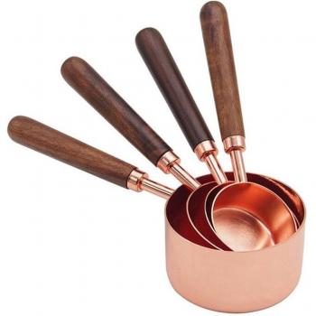 Copper-Plated Measuring Cups and Spoons with Wooden Handles