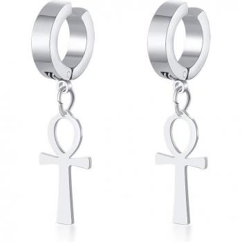Men's Egyptian Ankh Cross Dangle Earrings in Black Stainless Steel
