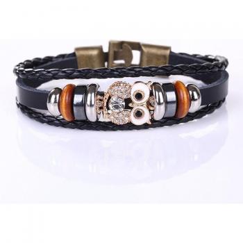 Owl Charm Beaded PU Leather Wristband