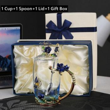 Teatime Set - 350ml Blauwe Rozet Glas Mok met Deksel