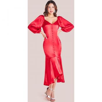 Satin Viscose Front Buttoned Dipped Hem Midaxi Dress
