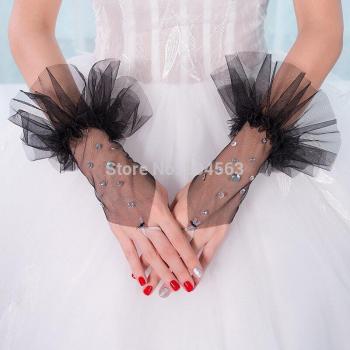 Black Tulle Bridal Gloves with Pearls