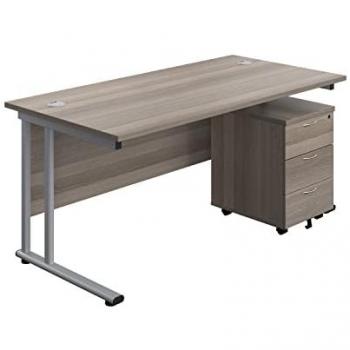 Grey Oak-Silver Twin Rectangular Desk with Mobile 3 Drawer Pedestal