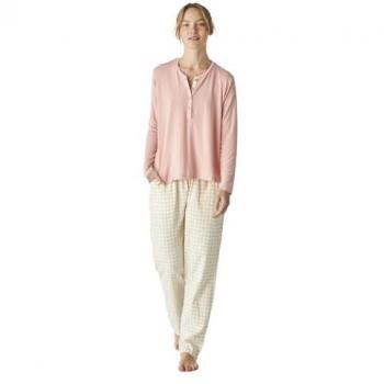 Pijama de Mujer Estampada de Tejido Modal Rosa a Cuadros con Manga Larga y Botones JJBEP0501