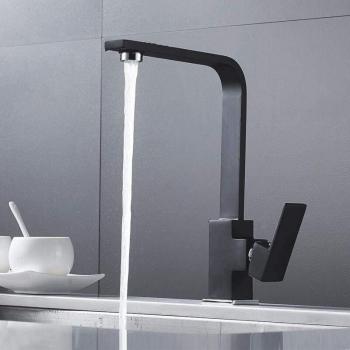 High‑Spout Black Brass Kitchen Sink Tap – Square Design
