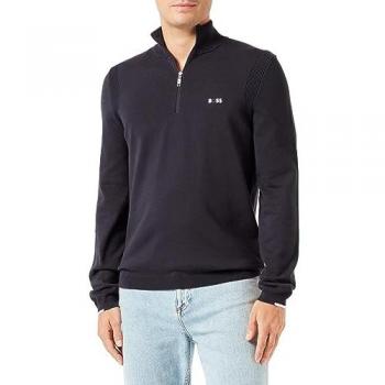 Boss Green Ever-X Mens Cotton Blend Zip Neck Jumper with Logo Print – Dark Blue S
