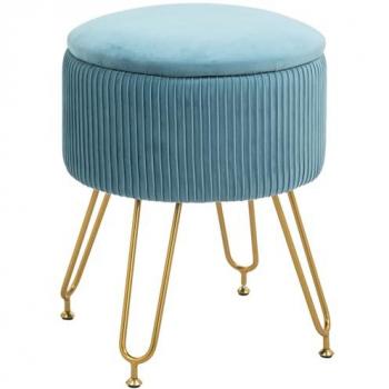 Puff da Almacenamento Imbottito in Velluto Ø40x48 cm Azzurro Chiaro con Piedi in Acciaio