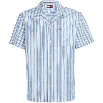 Kurzarmhemd TOMMY JEANS TJM STRIPE LINEN SS SHIRT EXT Gr. L, N-Gr, blau (persian blue stripe) Herren Hemden