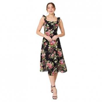 Izabel London Floral Frill A‑Line Midi Dress – Black