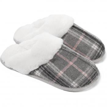 Grey Check Knit Mule Slippers
