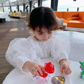 Camiseta Blanca de Encaje con Mangas Abombadas para Niñas, Blusa de Princesa de Primavera y Otoño, Ropa Infantil 2-7 Años