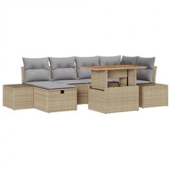 Pack de salon de jardin 7 pièces, coussins beige, revêtement poly-rattan