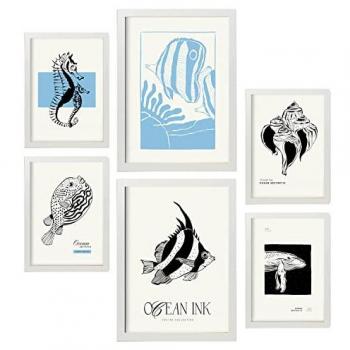 Conjunto de 6 posters en tinta negra con diseños oceánicos para decoración - Tamaños A3 y A4, marcos negros